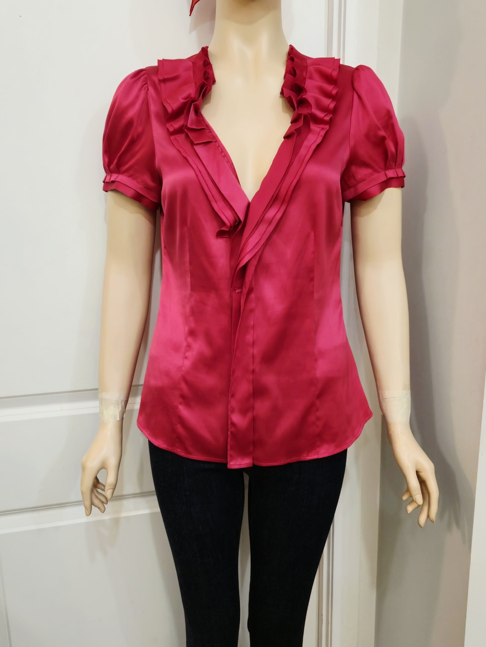 BCBGMaxAzria Hot Pink Satin Ruffle V-Neck Blouse